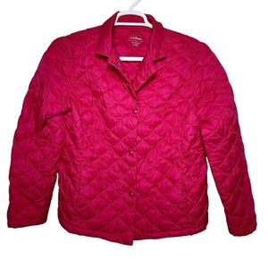 LL Bean Womens Quilted Jacket Pink Button Front Collared Diamond Stitch L Petite